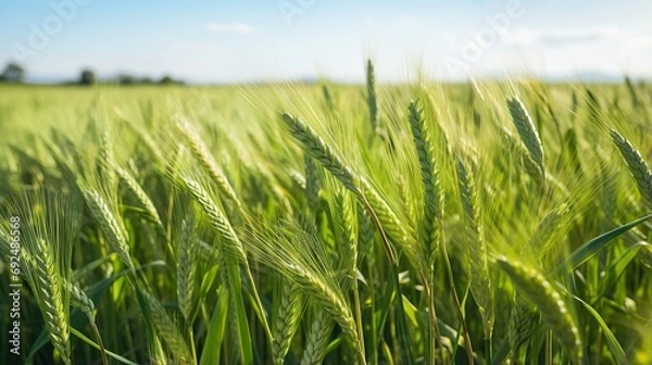 Fototapeta close up of green wheat field. plantations waiting for harvest, depth of field is low.