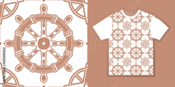 Fototapeta Helm and  compass- vector pattern in pastel color, seamless with steering-wheel and drops. Perfect for kids fabric, textile, wallpaper.