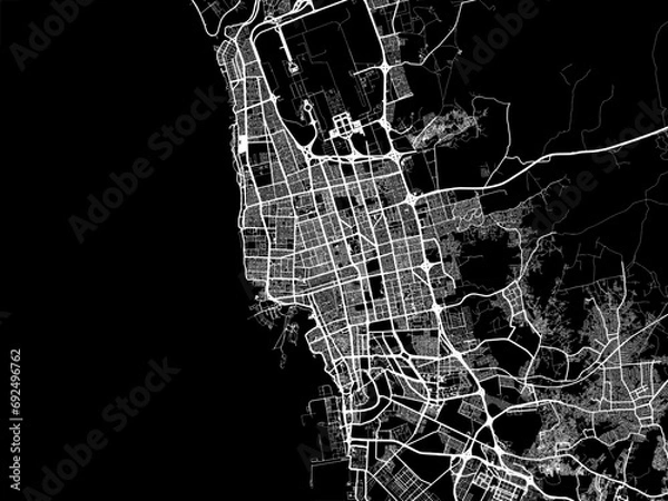Fototapeta Vector road map of the city of Jeddah in the Kingdom of Saudi Arabia with white roads on a black background.