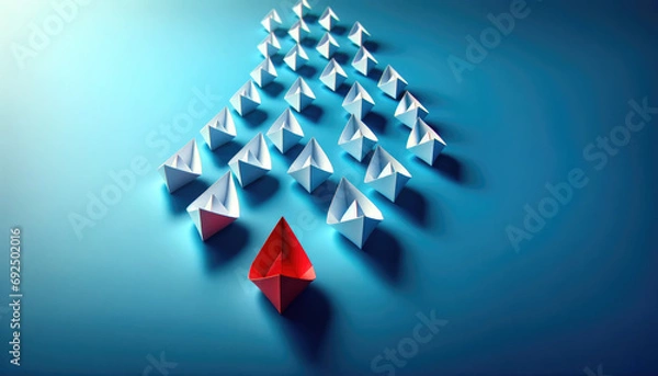 Obraz Red paper boat leading a fleet of small white origami ships, leadership concept on blue