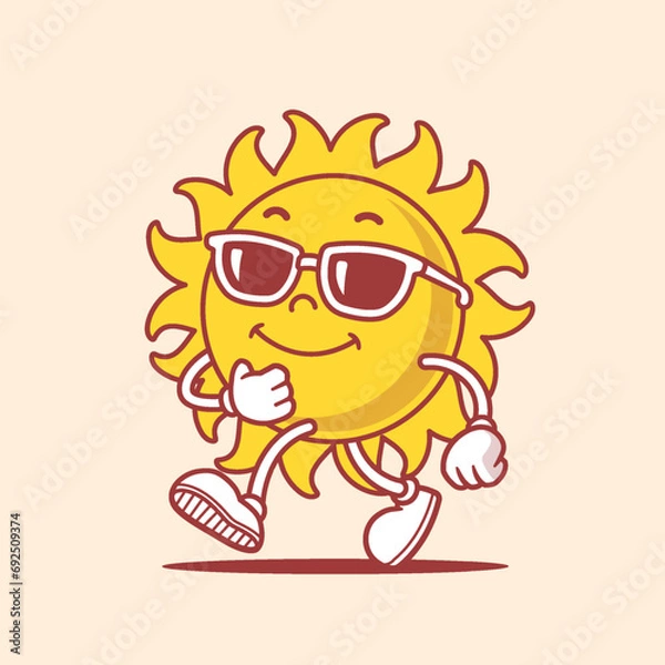 Fototapeta Retro styled vintage sun character mascot with sunglasses funny vector illustration