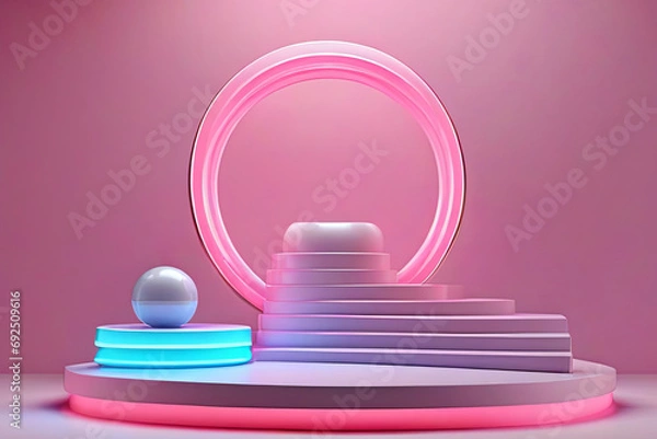 Fototapeta Neonlits with gradient rings and laser waves Geometric background concept for Circle podium