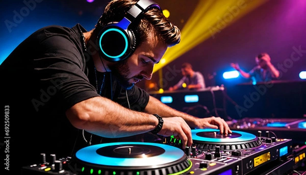 Fototapeta Dj in action, view from the back
