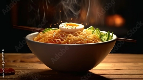 Obraz bowl of noodles with boiled egg. generative ai