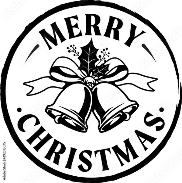 Fototapeta Joyful Jingle: Festive Christmas Bells and Mistletoe Ribbon Graphic with Heartwarming 'Merry Christmas' Typography in a Charming Round Stamp Design."