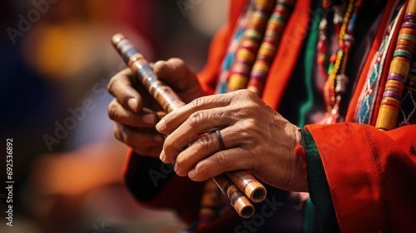 Fototapeta hands of a skilled flutist playing Andean melodies during the music festival generative ai