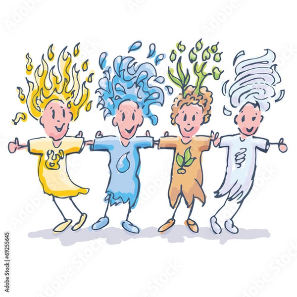 Obraz Strichmännchen mit Feuer, Wasser, Erde, Luft