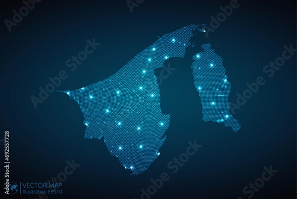 Fototapeta Brunei Darussalam map radial dotted pattern in futuristic style, design blue circle glowing outline made of stars. concept of communication on dark blue background. Vector illustration EPS10