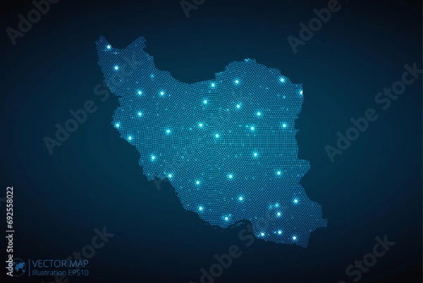 Fototapeta Iran map radial dotted pattern in futuristic style, design blue circle glowing outline made of stars. concept of communication on dark blue background. Vector illustration EPS10