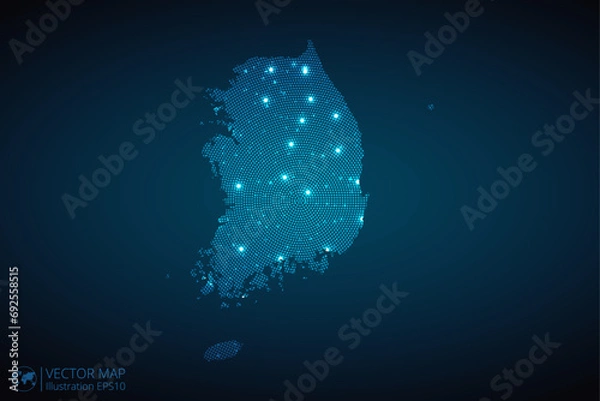 Fototapeta South Korea map radial dotted pattern in futuristic style, design blue circle glowing outline made of stars. concept of communication on dark blue background. Vector illustration EPS10