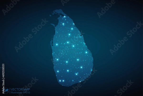 Fototapeta Sri Lanka map radial dotted pattern in futuristic style, design blue circle glowing outline made of stars. concept of communication on dark blue background. Vector illustration EPS10