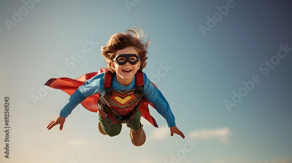 Obraz Happy young boy dressed as a superhero flying in the sky with his red cape floating in the air. Children's freedom to dream big concept. Copy space.