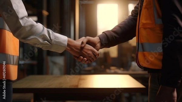 Fototapeta Shake hands with a woman or a construction worker who is a business partner or who works in engineering in an office.