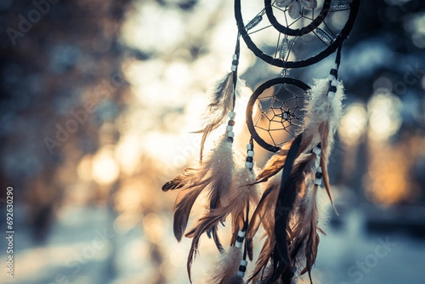 Obraz Dreamcatcher amulet outdoor, boho. American native amulet on sunset. Shaman.
