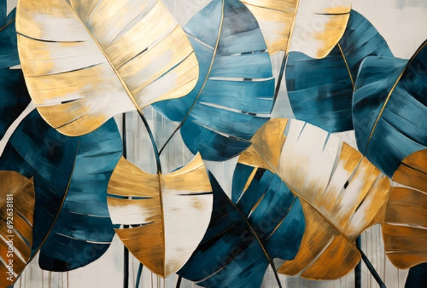 Obraz Silhouettes of beautiful plants on canvas.Gold, black, blue and gray colors. Interior painting. Beautiful background. Generative AI.
