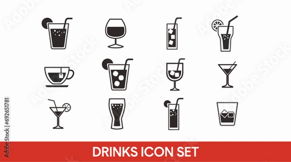 Fototapeta Drinks Icon Set. Vector isolated back and white set of different drinks