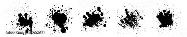 Obraz Dirty ink splashes and blots set. Monochrome brushstroke grunge curves with dirty spots and brush strokes for creative decoration and vector design