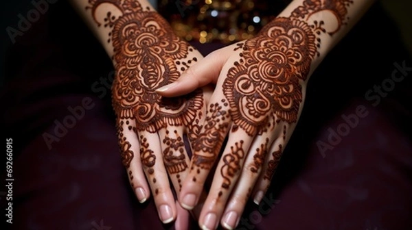 Fototapeta A close-up of intricate henna designs on hands, symbolizing Eid ul Fitr celebrations, without showing any part of the human body.