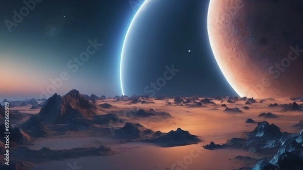 Obraz Abstract background of a unique fantasy space with planets and stars from land view with mountains