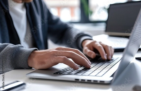 Fototapeta Male hands of business man typing on laptop keyboard searching information in internet, businessman working with ai solutions on computer, communicating online, doing digital management. Close up