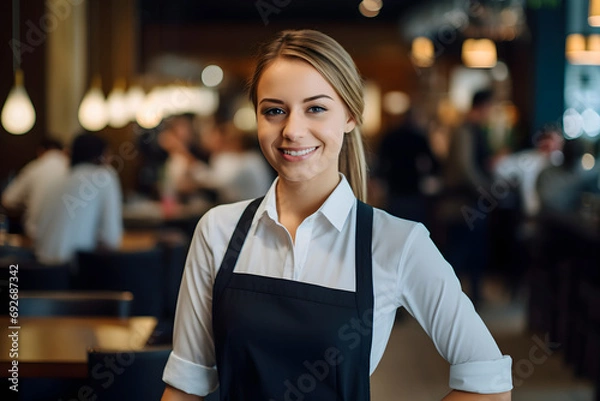 Obraz A portrait of a smiling young woman waitress in uniform inside a modern, stylish and bright restaurant. 