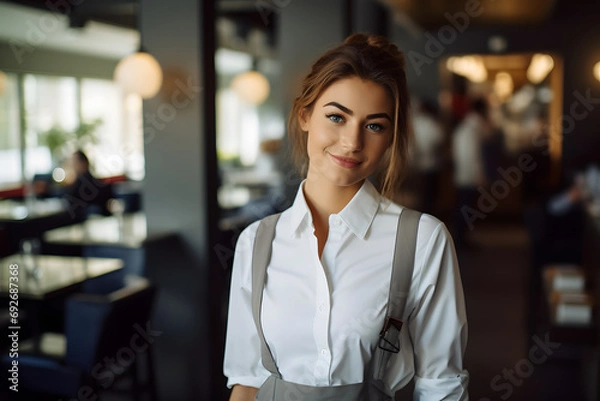 Obraz A portrait of a smiling young woman waitress in uniform inside a modern, stylish and bright restaurant, generated ai