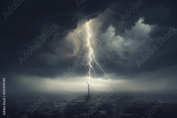 Obraz Storm in cloudy gray day, lightning landing