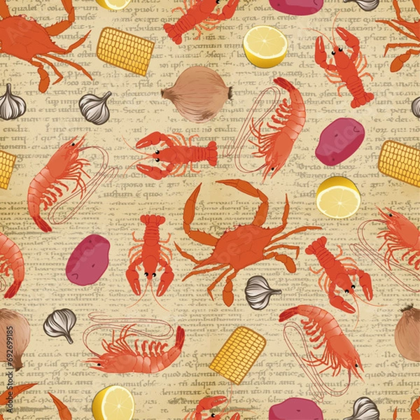 Fototapeta Seafood boil on newspaper background seamless pattern