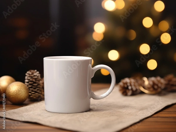 Obraz Festive White 11 oz Mug Mockup with Christmas Tree Bokeh Background