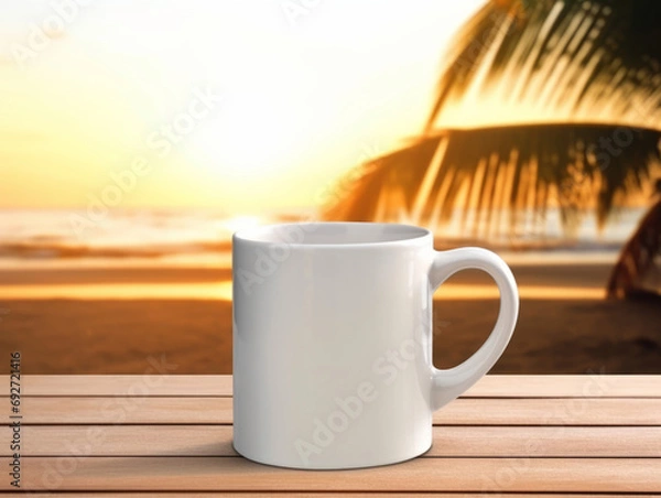 Obraz Tropical Sunrise 11 oz White Mug Mockup on Beachfront