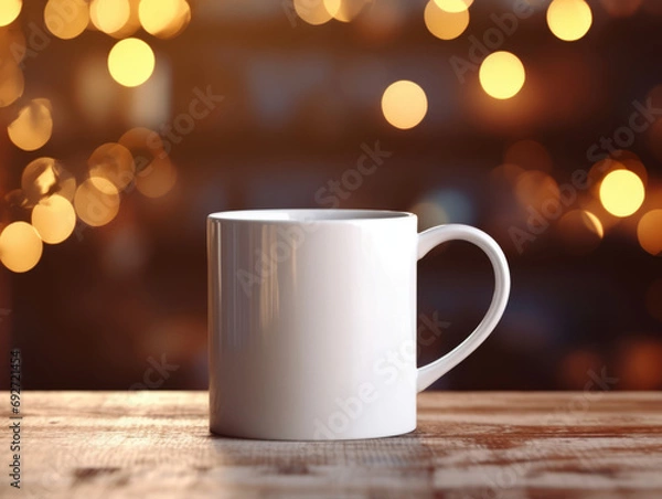 Obraz Modern 11 oz White Mug Mockup with Golden Bokeh Background