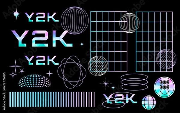 Obraz A set of holographic stickers and 3D wireframe shapes. Gradient. Retro y2k stickers. Rave posters and elements and symbols. Social network. Vector stock illustration. Black background. Isolated. Flyer