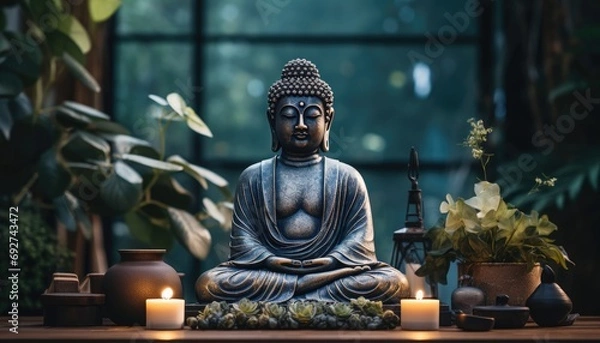 Fototapeta buddha sitting on the table against the wall of the building