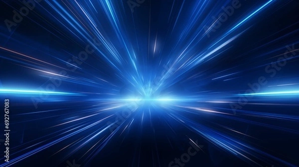 Fototapeta Blue background adorned with neon rays and dynamic lines.