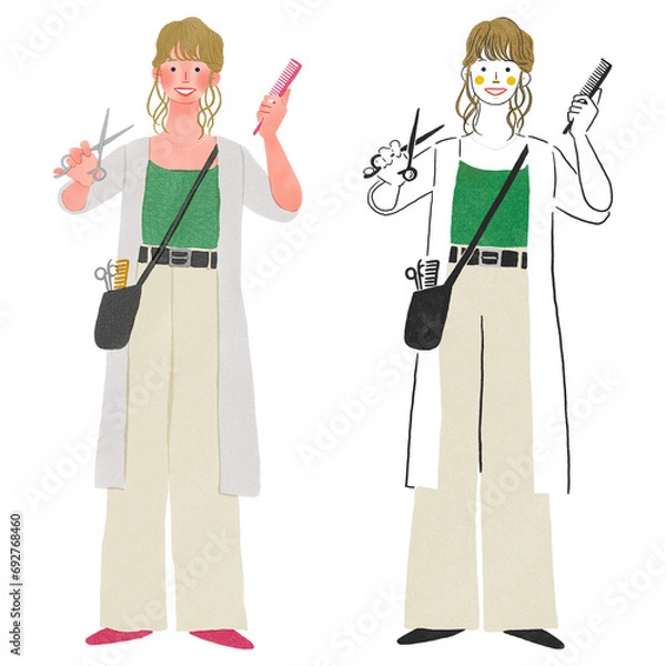 Obraz くしとハサミを持った美容師の女性の全身手描きイラスト