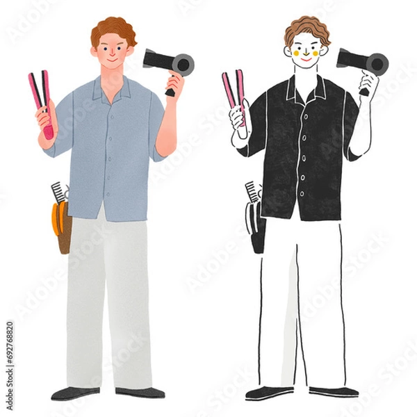 Obraz アイロンとドライヤーを持った美容師の男性の全身手描きイラスト