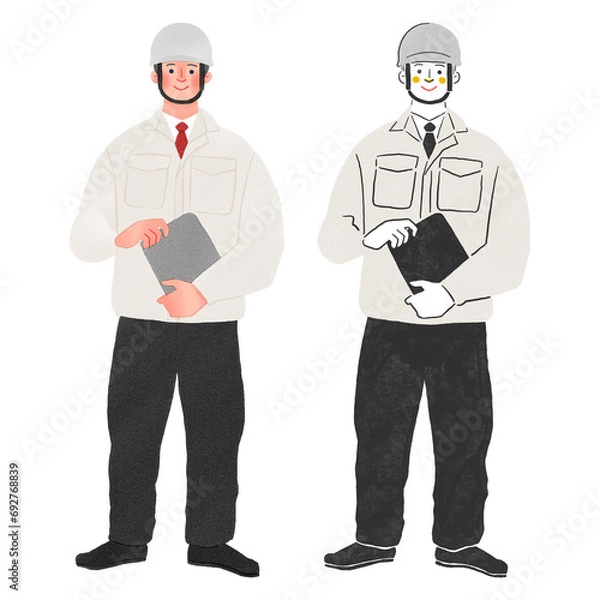 Obraz 建築関係の仕事をするヘルメットをかぶった男性の全身手描きイラスト