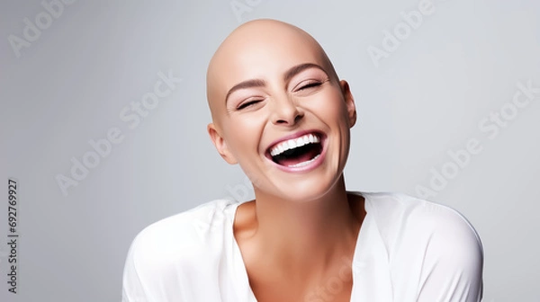 Obraz Beautiful young woman with bald head after chemotherapy on isolated white background, World Cancer Day.