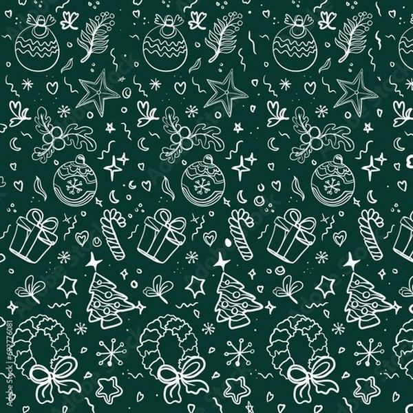 Fototapeta Christmas pattern  illustrations of lots of Christmas icons. Seamless  star snow ball leaf gift santa Christmas winter background. 