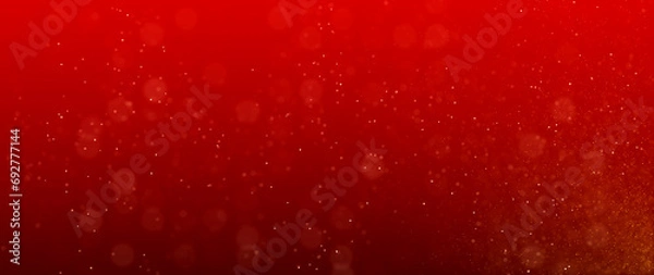 Fototapeta Banner gold particles abstract background with bokeh on red Background. Futuristic glittering in space.