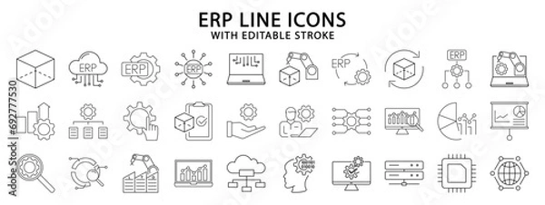 Fototapeta ERP icons. Enterprise resource planning line icons. ERP icon set. Vector illustration. Editable stroke.