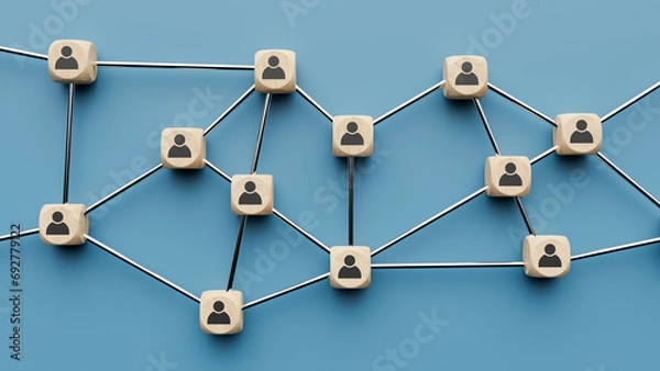 Fototapeta Teamwork concept background where wooden cubes of human icons are connected to each other, 3d rendering