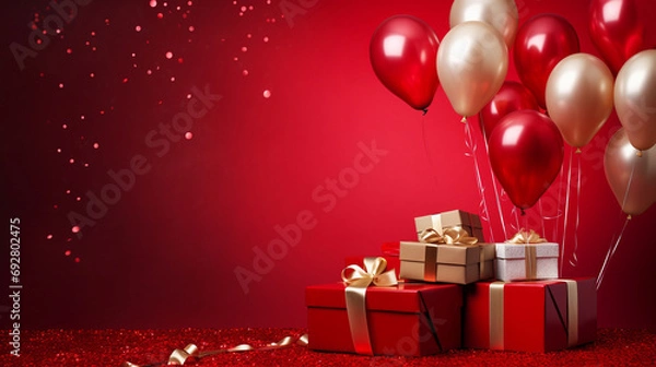 Fototapeta A glamorous affair featuring luxury party balloons, a cascade of confetti, and chic gift boxes on a striking red background, presenting an exquisite template for your celebratory messages
