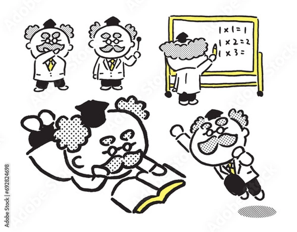 Fototapeta 線画の丸っこくてかわいい髭の博士
