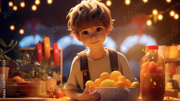 Obraz Kawai anime boy with lemon fruits. Vector Illustration