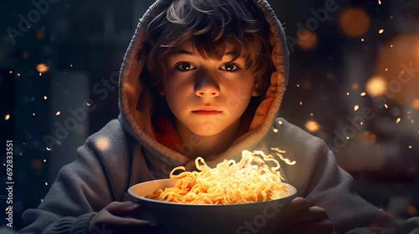 Obraz A boy with ramen noodle. Illustration