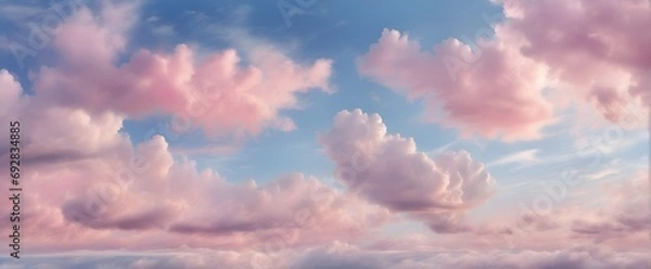 Obraz Beautiful background image of a romantic blue sky with soft fluffy pink clouds. Panoramic natural view of a dreamy sky.