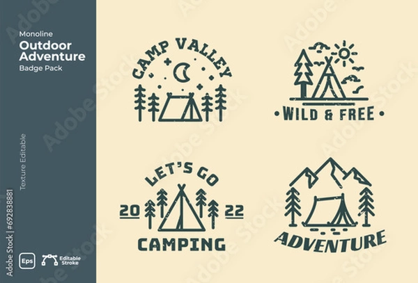 Fototapeta Monoline badges. Set of tent and cabin minimalist line art logo template vector design illustration. simple modern estate logo concept. camping logo line art simple minimalist illustration.