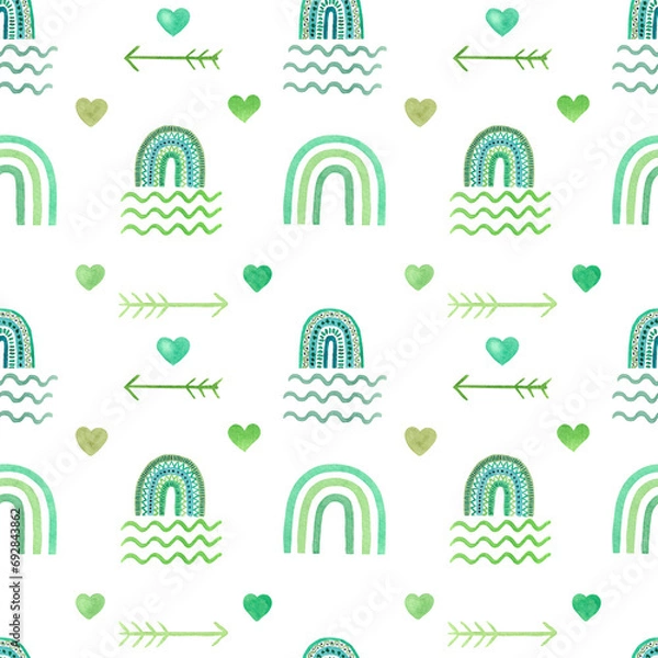 Fototapeta Stylish watercolor seamless pattern with green rainbows in a childish style. Hand-drawn elements for textiles, fabric, wallpaper, stationery, posters, prints, invitations, cards, baby shower.