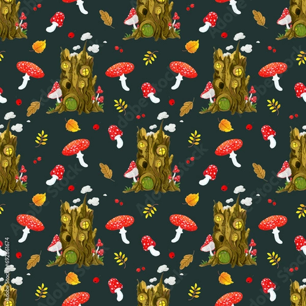 Fototapeta seamless pattern of small forest houses on a dark background
